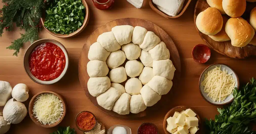 Pizza Bomb Wreath Easy and Delicious Recipe 1 An inviting arrangement of ingredients for pull-apart garlic bread, featuring dough balls, marinara sauce, grated cheese, butter, and fresh parsley on a wooden table.