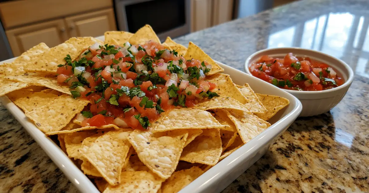 Golden, crispy homemade tortilla chips served with fresh salsa, guacamole, and queso dip on a rustic wooden table.