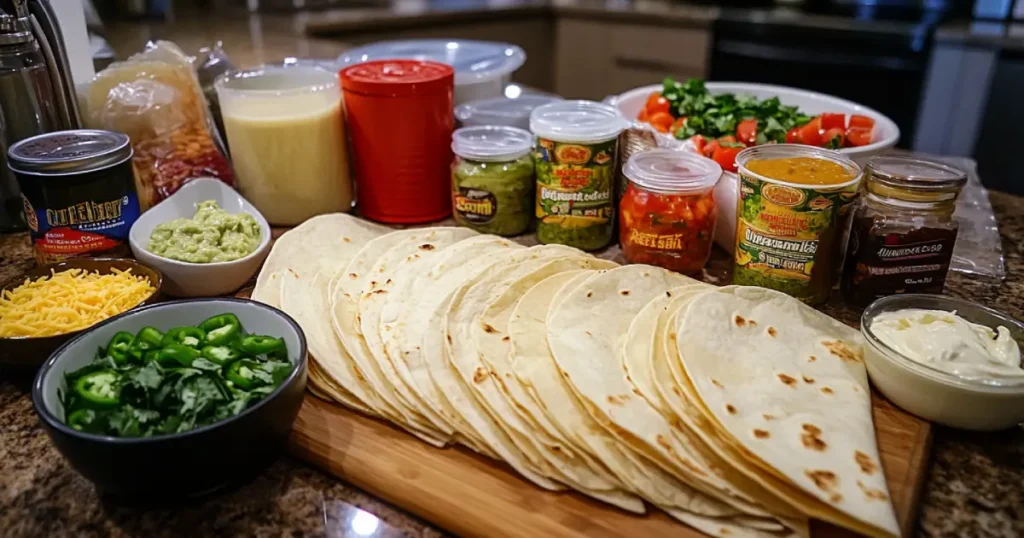 Easy Quesadilla Nachos: Loaded with Flavor 1 A neatly arranged spread of tortillas, fresh toppings, and condiments for assembling homemade tacos on a rustic kitchen countertop.