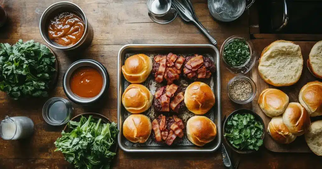 Pretzel Cowboy Sliders: A Bold, Flavorful Bite 1 A rustic spread of brioche buns, crispy bacon, juicy beef patties, fresh herbs, and barbecue sauces, ready for assembling gourmet burgers.
