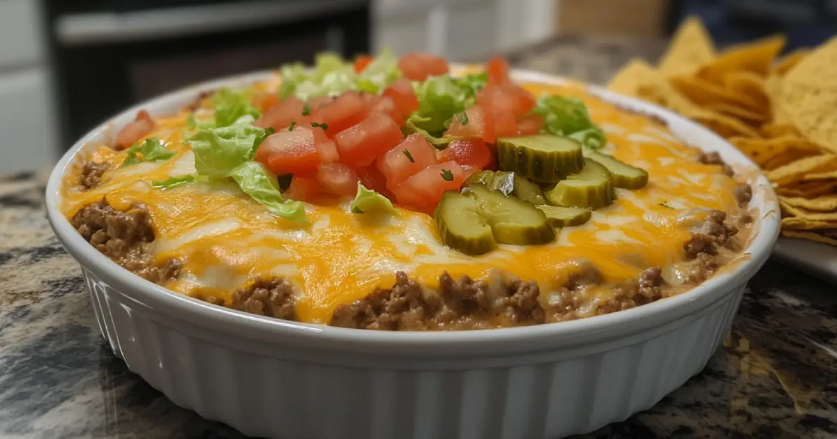 Hot and Creamy Cheeseburger Dip with Bacon and Chips