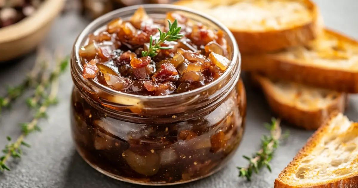 Homemade Jalapeno Bacon Jam in a Mason Jar with Fresh Jalapenos and Crispy Bacon on a Wooden Table