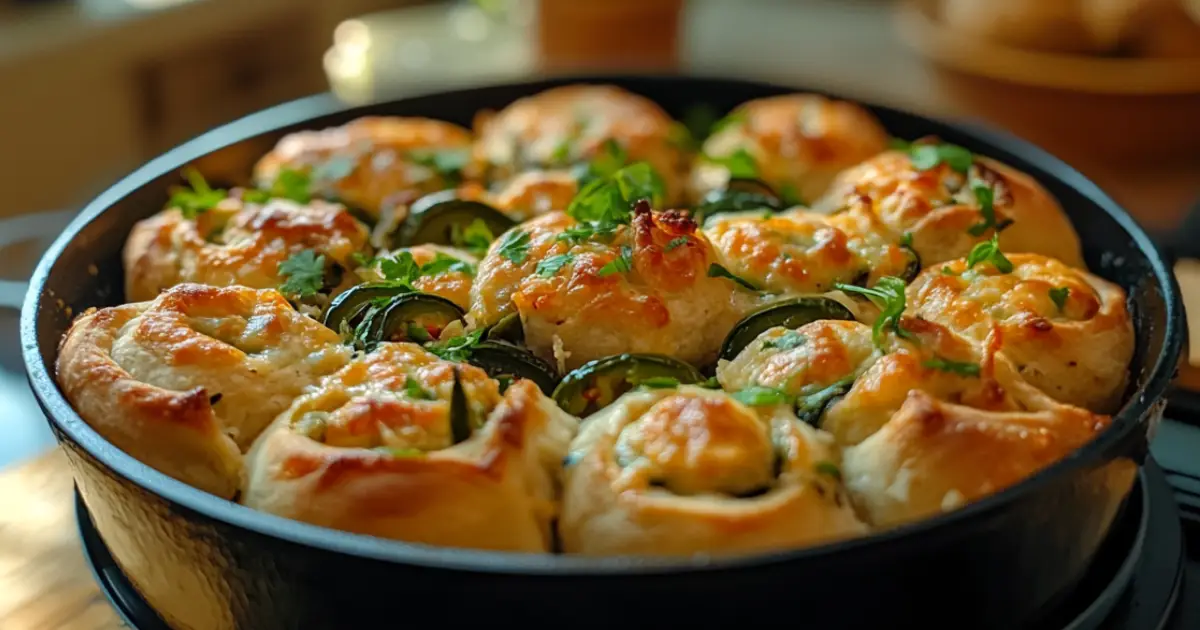 Freshly baked skillet jalapeño popper rolls with melted cheese oozing out, crispy golden edges, and sliced jalapeños on top