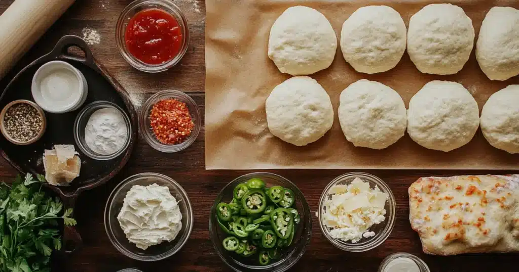 Easy Skillet Jalapeno Popper Rolls Recipe 1 Rustic Kitchen Shot of Fresh Pizza Dough Balls with Cheesy Jalapeño Ingredients