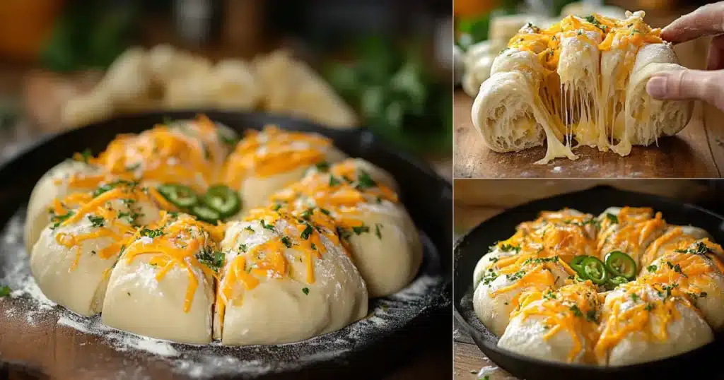 Easy Skillet Jalapeno Popper Rolls Recipe 2 Golden-Baked Cheesy Pull-Apart Bread with Jalapeños in a Rustic Kitchen Setting
