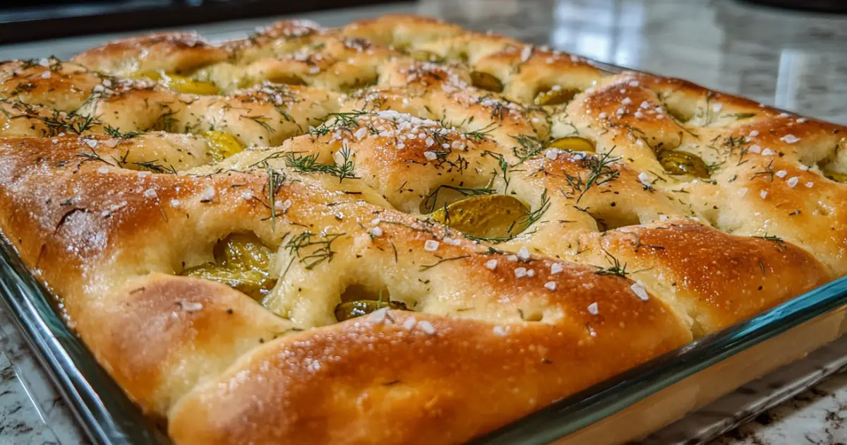 Golden Dill Pickle Focaccia Bread with Crispy Edges and Tangy Pickles