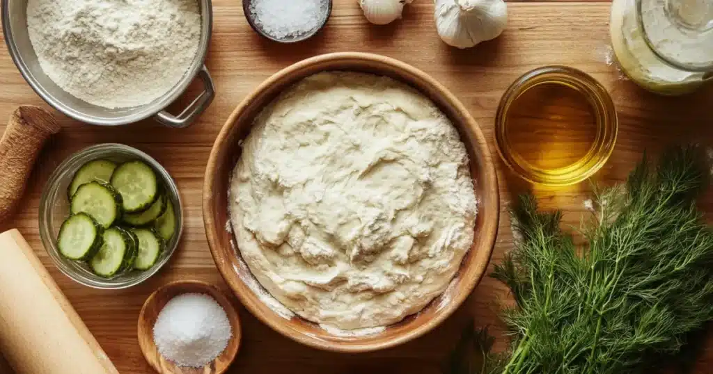 Easy Dill Pickle Focaccia Bread Recipe to Try 1 Rustic Dough Preparation with Fresh Ingredients on Wooden Counter