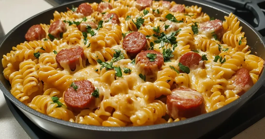 Kielbasa and Pasta Recipes: Flavorful, Hearty Meals 1 A bowl of freshly cooked pasta on a wooden kitchen countertop, surrounded by Parmesan cheese, garlic, and fresh herbs.