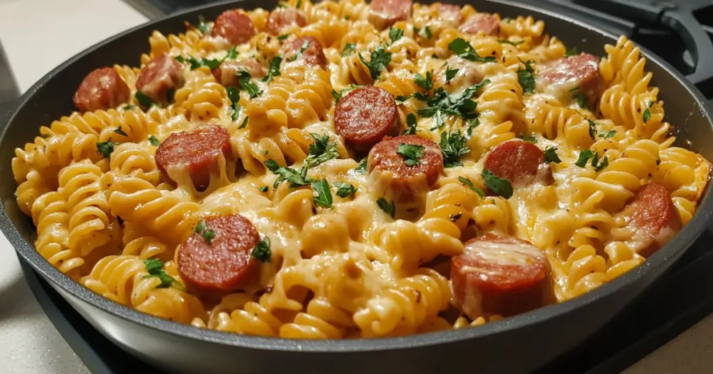 Kielbasa and Pasta Recipes: Flavorful, Hearty Meals 2 A bowl of freshly cooked pasta on a wooden kitchen countertop, surrounded by Parmesan cheese, garlic, and fresh herbs.