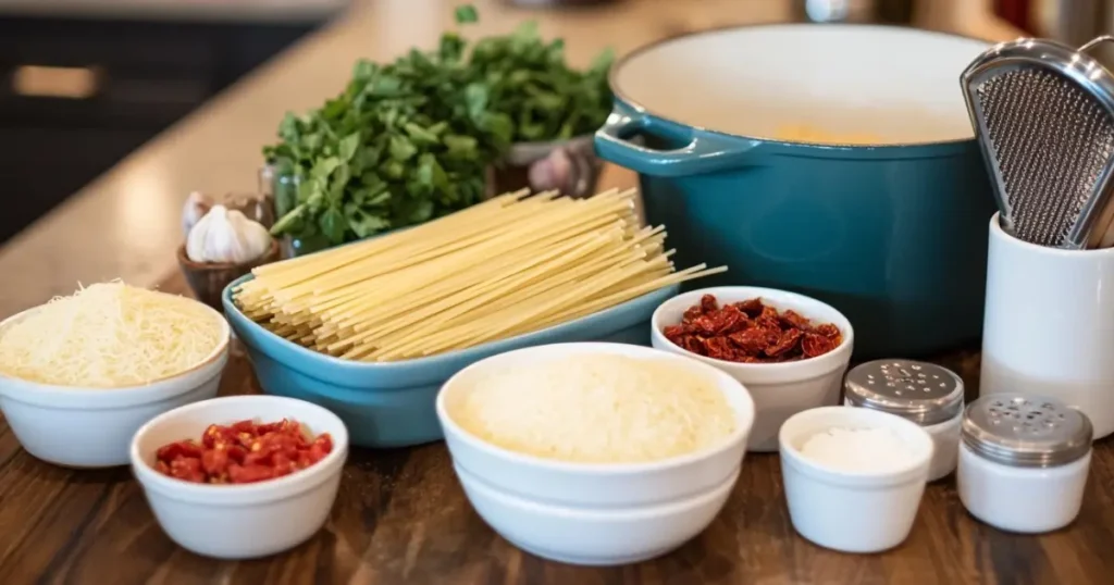 Marry Me Pasta: A Taste to Fall In Love With 1 A kitchen countertop with dried spaghetti, Parmesan cheese, sun-dried tomatoes, garlic, fresh parsley, and seasonings, prepared for cooking.
