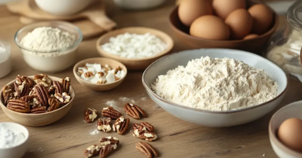 Easy Italian Cream Cake Recipe for Dessert Lovers 1 Rustic Baking Ingredients - Flour, Pecans, Coconut, and Eggs on a Wooden Kitchen Counter
