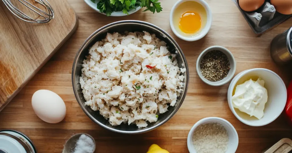 Easy Old Bay Crab Cake Recipe: Coastal Flavor 1 Freshly Prepared Crab Cake Mixture with Ingredients on a Rustic Wooden Countertop