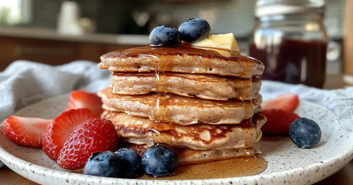 Fluffy Kodiak Cakes Pancakes with Fresh Berries and Maple Syrup