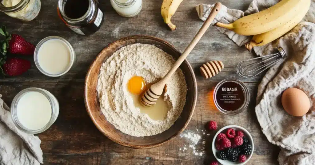 Kodiak Cakes Pancake Recipe Best Homemade Version 1 Rustic kitchen scene with pancake batter ingredients, including eggs, oats, honey, milk, bananas, and berries on a wooden countertop.
