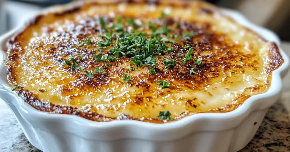 Creamy crab brulee served in a white ramekin with a golden caramelized crust, garnished with fresh chives on a rustic wooden table.