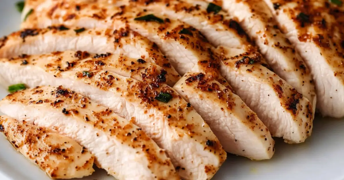 Golden brown thin sliced chicken breast served on a plate with fresh herbs and lemon wedges