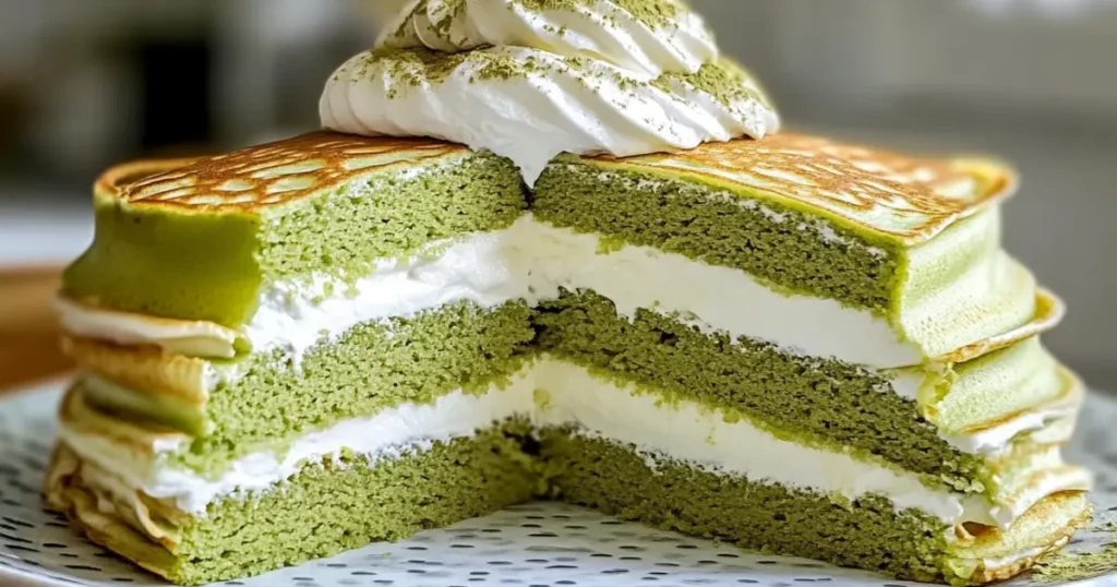 A delicate Matcha Crepe Roll Cake dusted with matcha powder, sliced to reveal its soft, creamy layers.