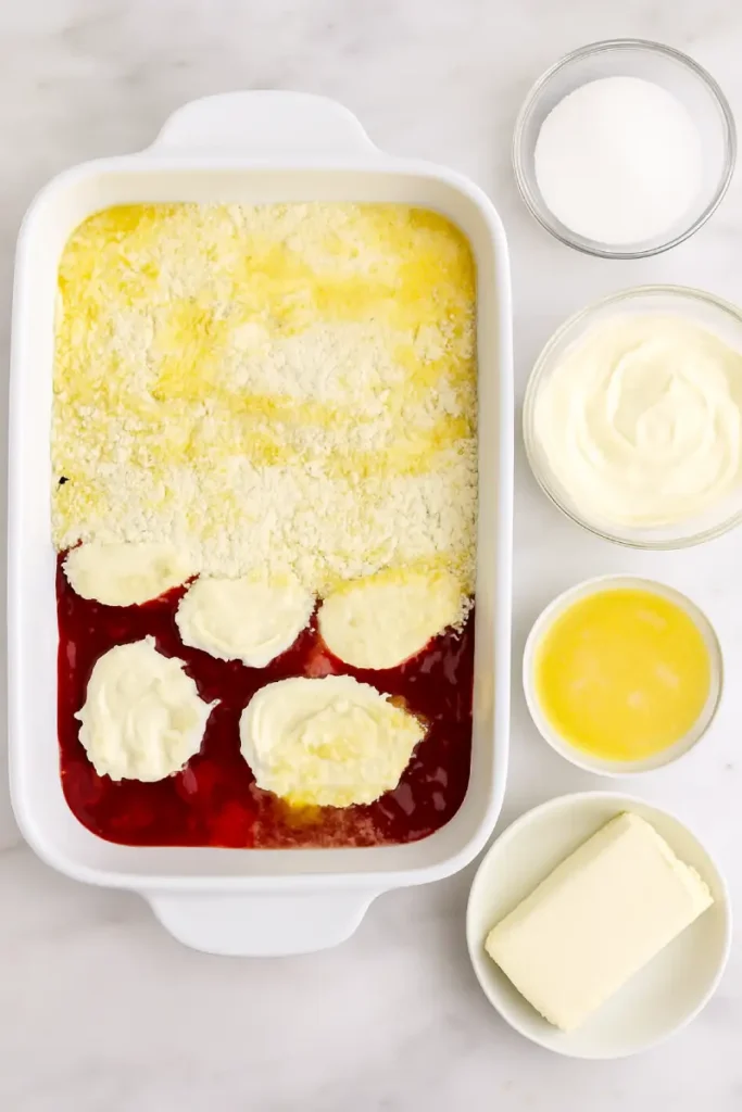 Strawberry Cheesecake Dump Cake – Easy, Creamy & Irresistible 6 Unbaked strawberry cheesecake dump cake layered with pie filling, cream cheese, and cake mix in a white baking dish