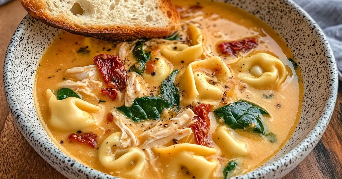 A steaming bowl of Marry Me Chicken Soup with sun-dried tomatoes, Parmesan, and fresh herbs served in a rustic bowl