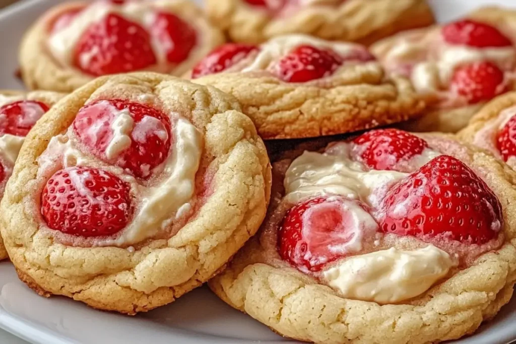 Freshly baked strawberry cheesecake cookies with creamy centers and jam swirls