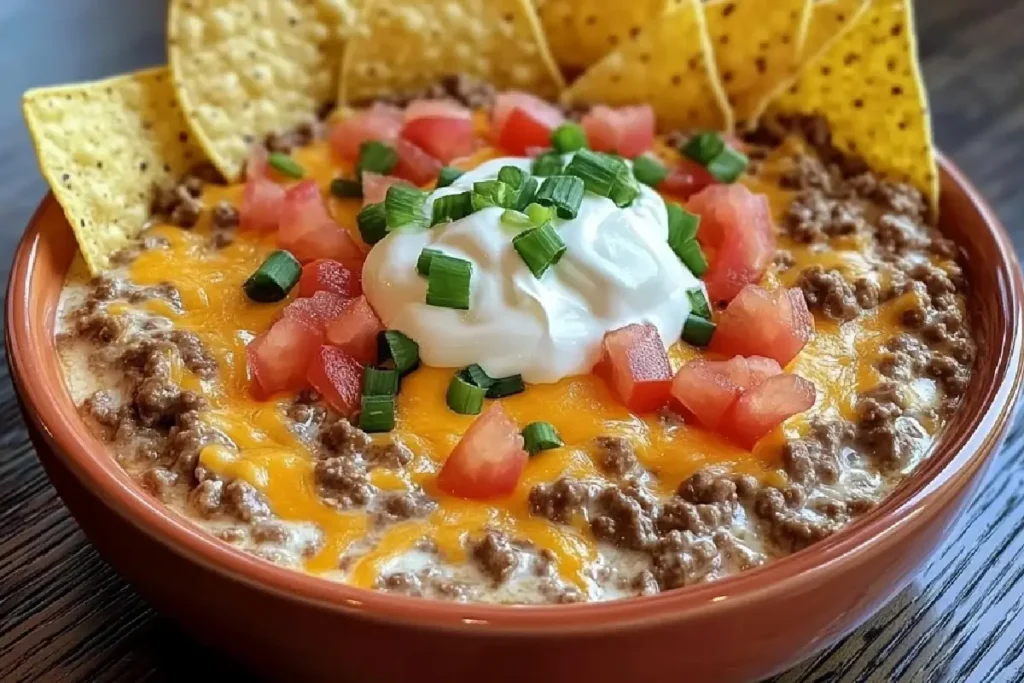 Hot and cheesy Meaty Texas Trash Dip served in a baking dish, topped with melted cheese, green onions, and jalapeños, with tortilla chips on the side.