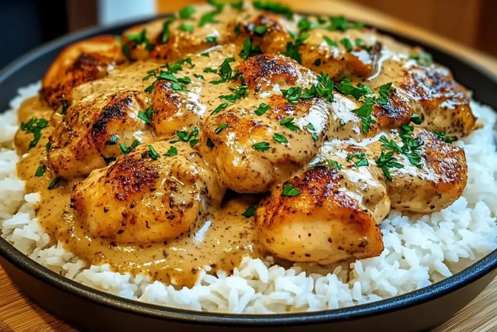 Creamy Smothered Chicken Served Over Rice