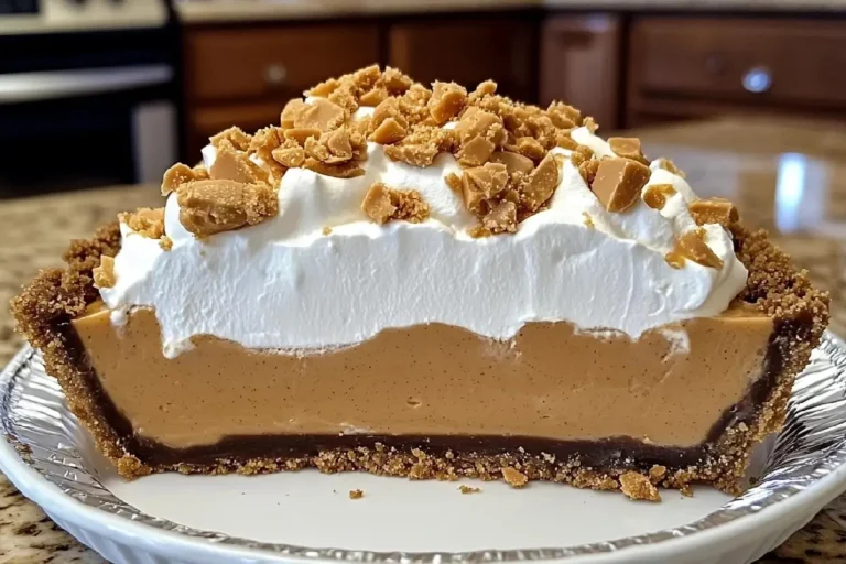 Amish Peanut Butter Cream Pie 6 A close-up of a sliced Amish Peanut Butter Cream Pie showing a layered dessert with a crumb crust, thick peanut butter filling, whipped topping, and a generous sprinkle of peanut butter crumbles.