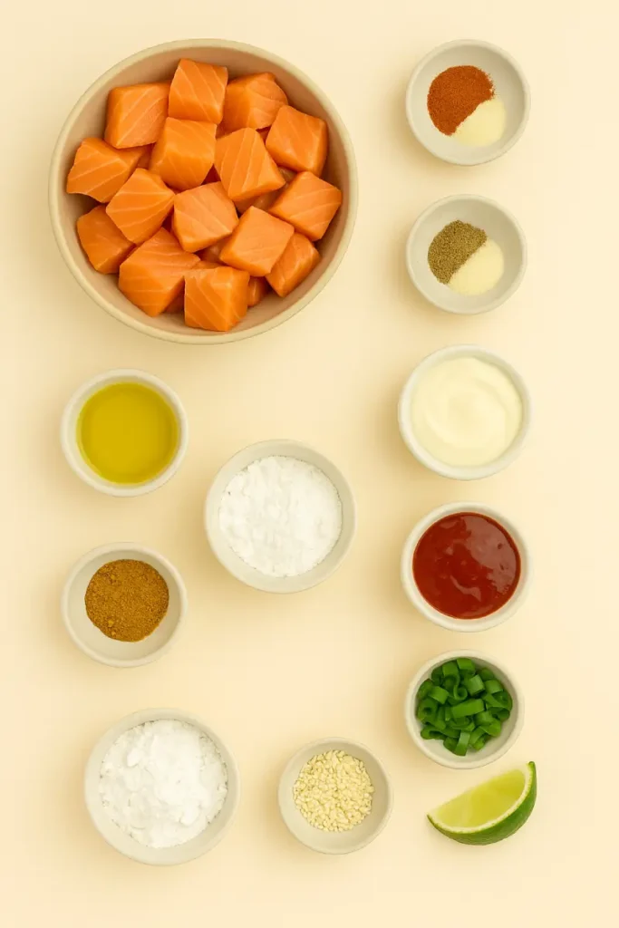 Bang Bang Salmon Bites Recipe 4 Fresh ingredients for homemade Bang Bang Salmon Bites on a cutting board