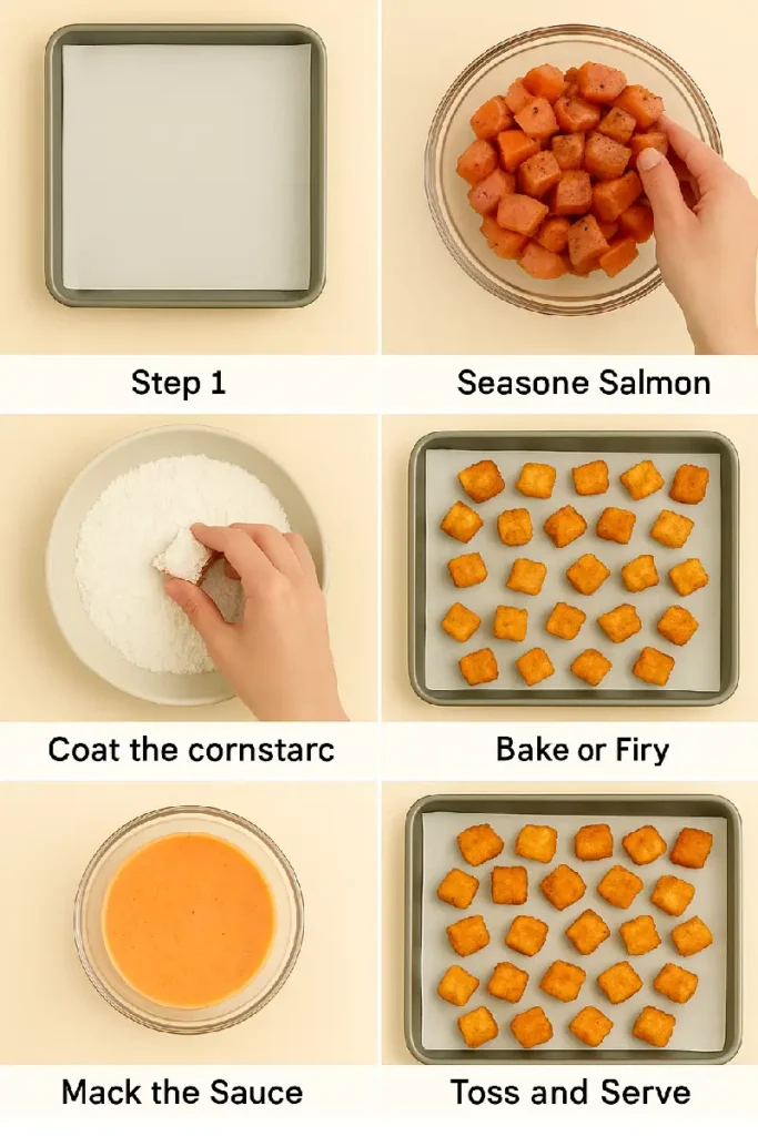 Bang Bang Salmon Bites Recipe 5 Step-by-step cooking process of Bang Bang Salmon Bites from raw to crispy and sauced