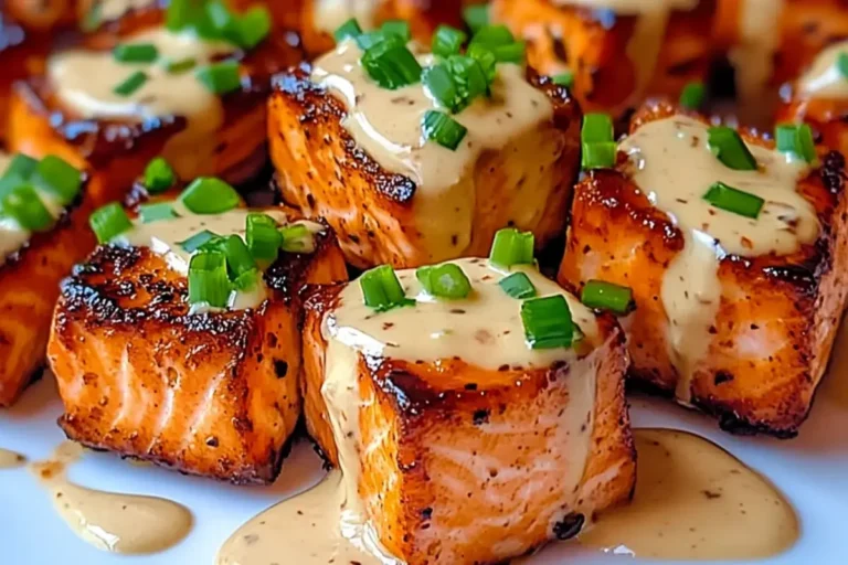 Bang Bang Salmon Bites Recipe 6 Plated Bang Bang Salmon Bites drizzled with creamy sauce and garnished with green onions