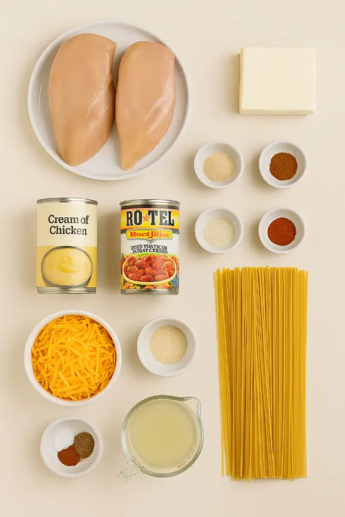 Crockpot Cheesy Chicken Spaghetti 4 Ingredients for Crockpot Cheesy Chicken Spaghetti laid out on a kitchen counter