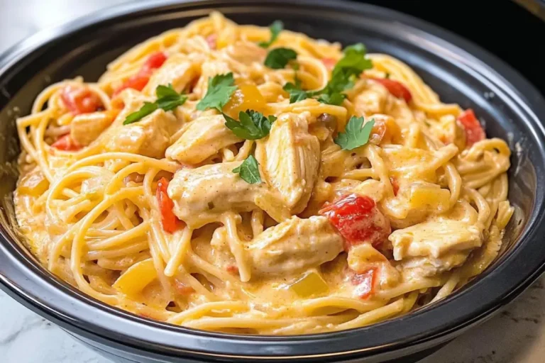 Crockpot Cheesy Chicken Spaghetti 6 Bowl of Crockpot Cheesy Chicken Spaghetti topped with melted cheese and herbs
