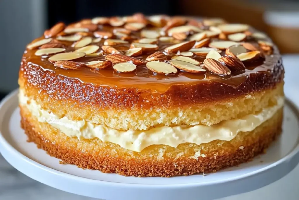 Whole German Bee Sting Cake with golden almond topping and creamy filling, sliced and ready to serve