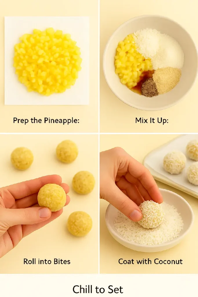 Coconut Pineapple Bites 5 Hands rolling pineapple coconut mixture into bite-sized balls and coating them in shredded coconut.