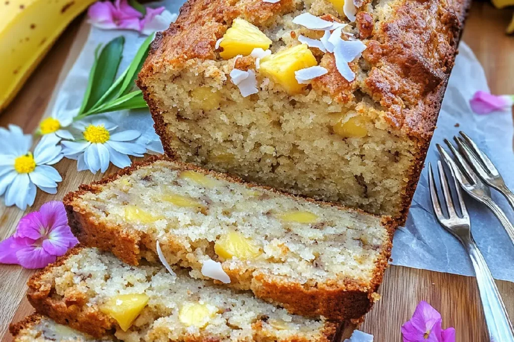 Hawaiian Banana Bread with Pineapple, Coconut, and Macadamia Nuts Freshly Baked and Sliced