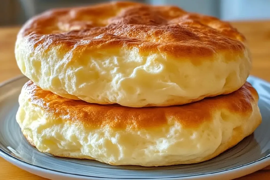 Fluffy cottage cheese cloud bread stacked on a plate, golden and airy