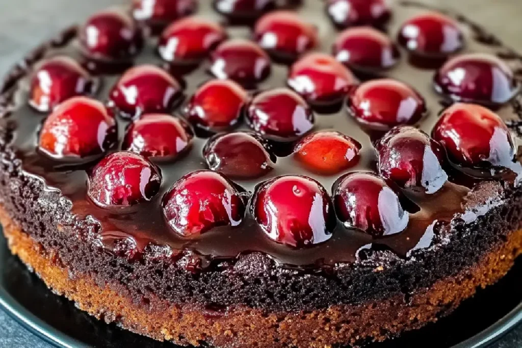 Gooey Chocolate Cherry Upside Down Cake Fresh from the Oven