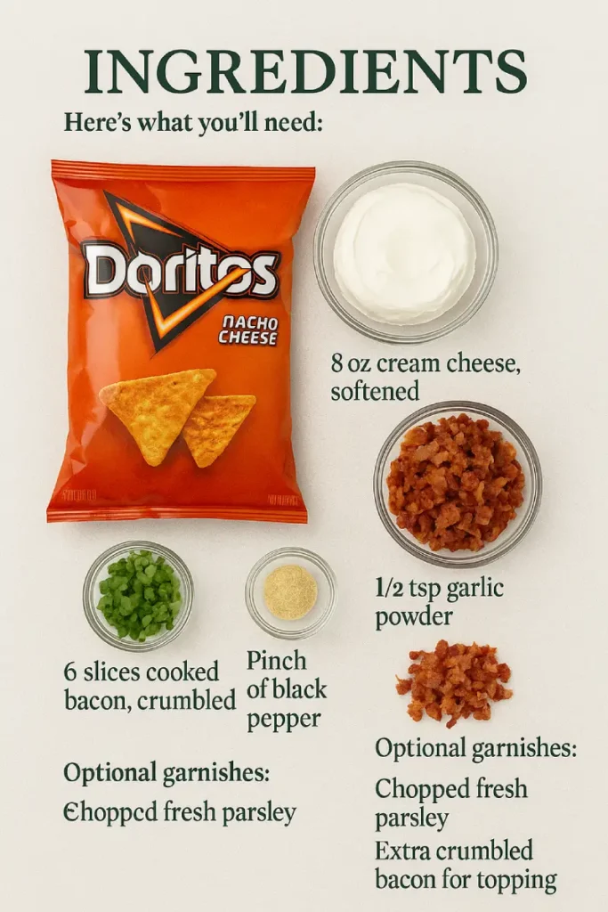 Bacon and Cream Cheese Stuffed Doritos 3 Cream cheese, bacon, Doritos, and seasonings laid out for stuffed chips recipe