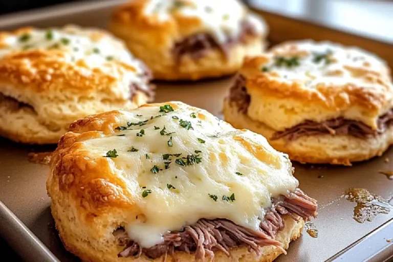 Baked French Dip Biscuits 4 Freshly Baked French Dip Biscuits with Melted Cheese and Au Jus