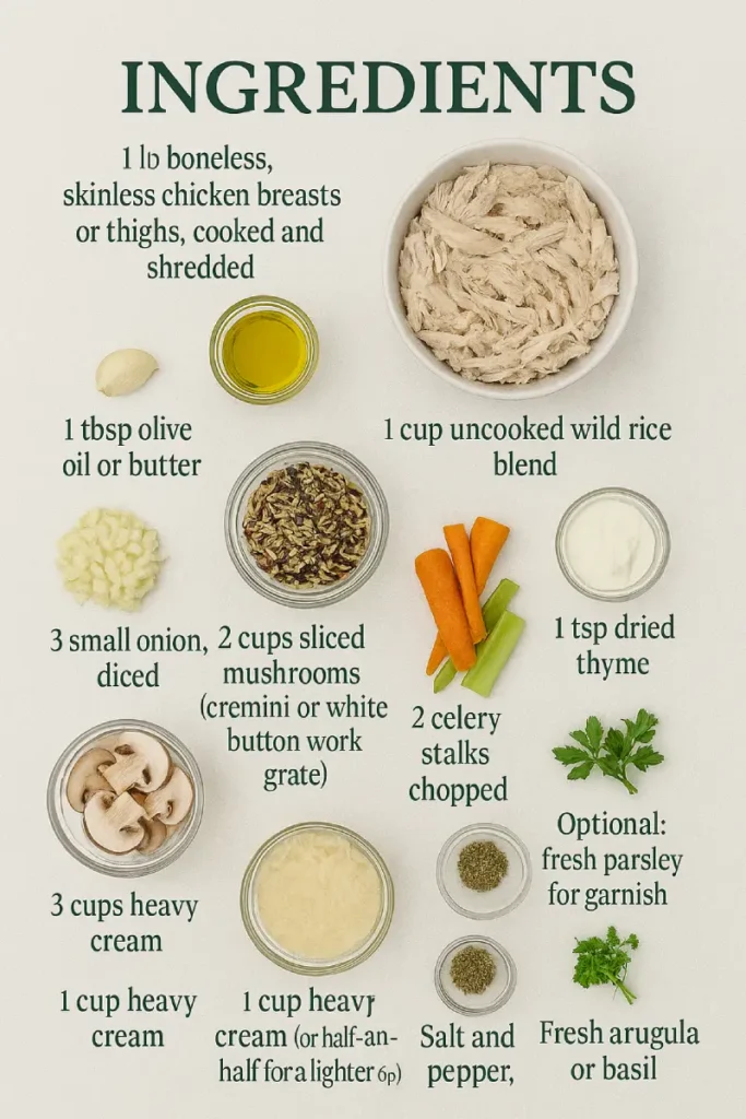 Creamy Mushroom Chicken and Wild Rice Soup 3 Flat lay of fresh ingredients for creamy chicken mushroom soup with wild rice