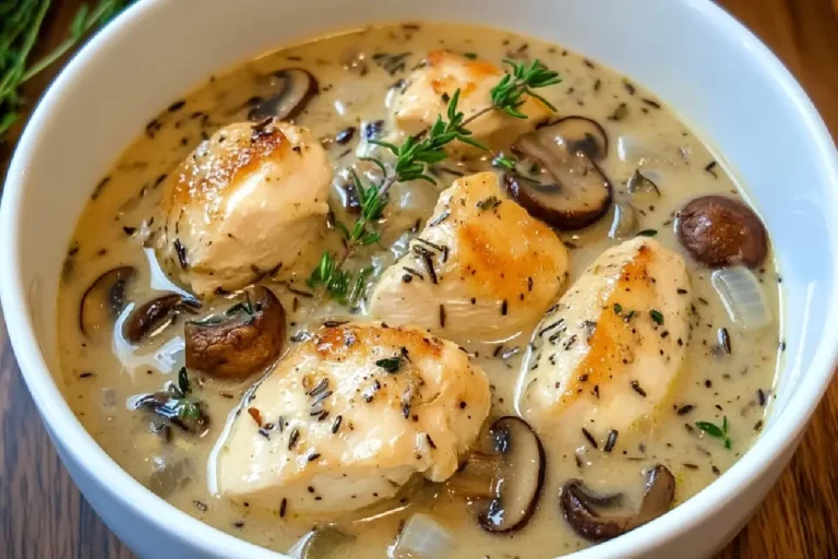 Creamy Mushroom Chicken and Wild Rice Soup 4 Bowl of creamy mushroom chicken and wild rice soup with a spoon and herbs on top