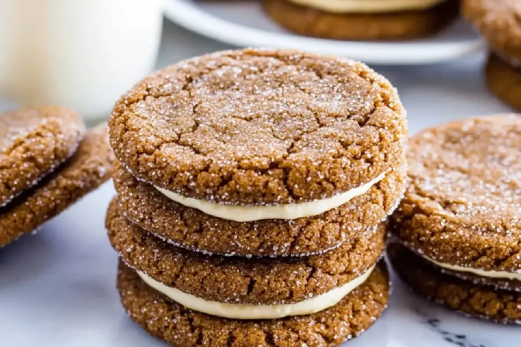 Close-up of stacked ginger molasses sandwich cookies filled with vanilla cream, sprinkled with sugar, on a rustic plate.