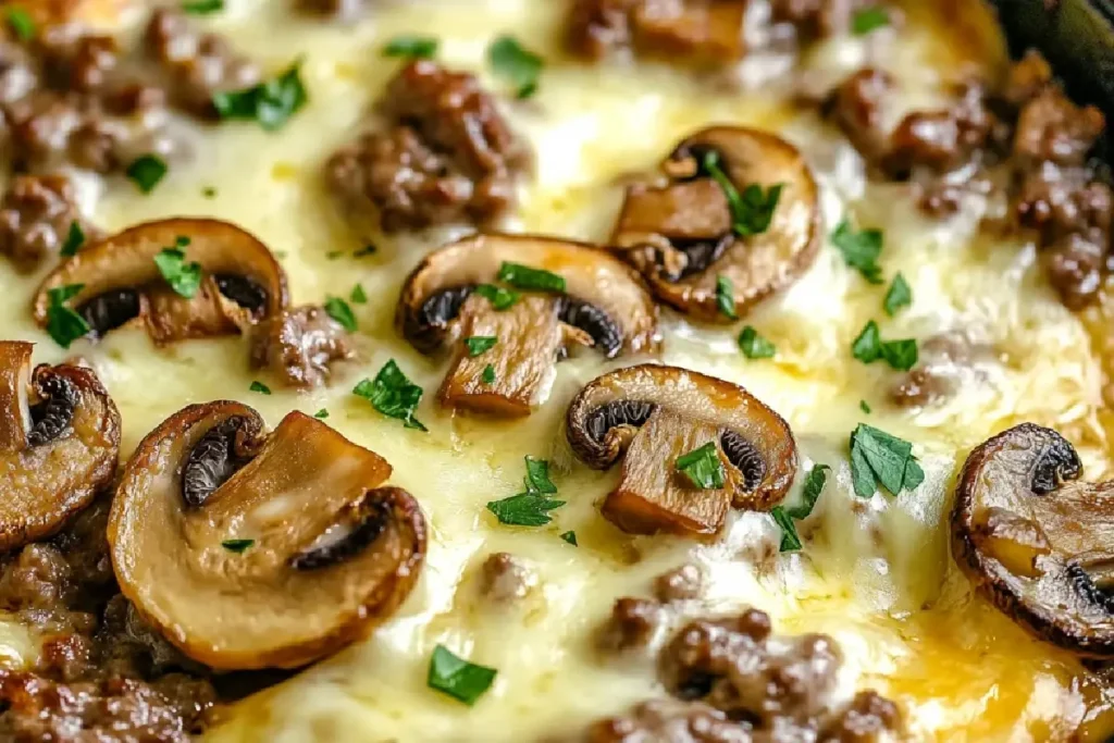 Freshly baked Hamburger Mushroom Casserole topped with melted cheese in a baking dish on a rustic kitchen table.