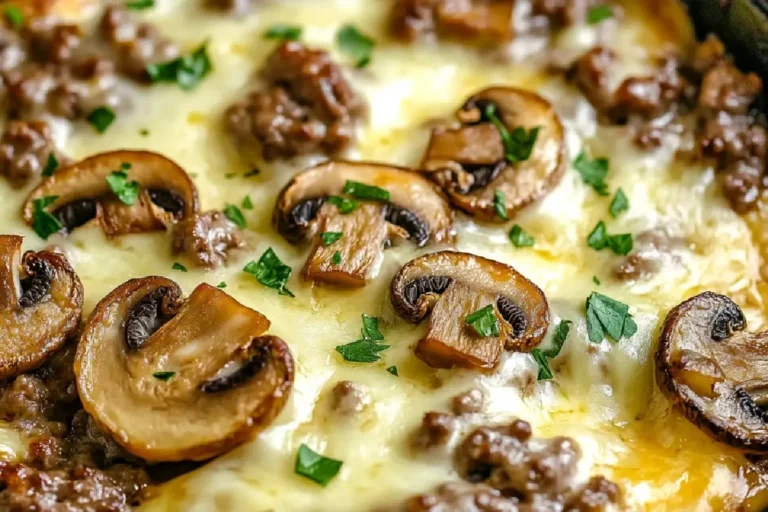 Hamburger Mushroom Bake 4 Freshly baked Hamburger Mushroom Casserole topped with melted cheese in a baking dish on a rustic kitchen table.