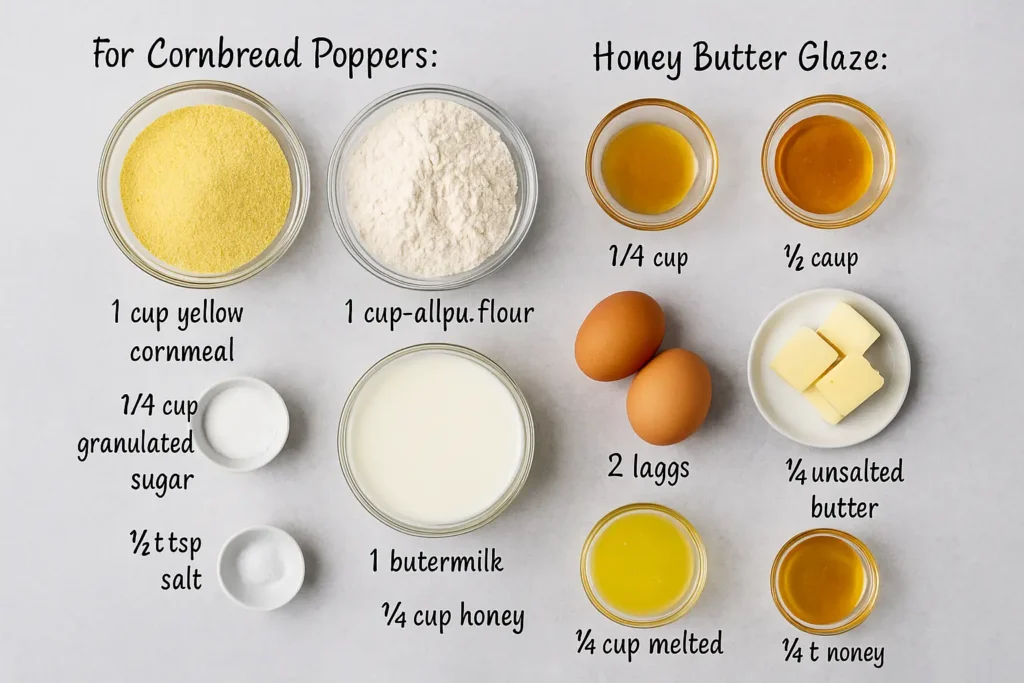 Honey Butter Cornbread Poppers 3 Ingredients laid out for homemade honey butter cornbread poppers