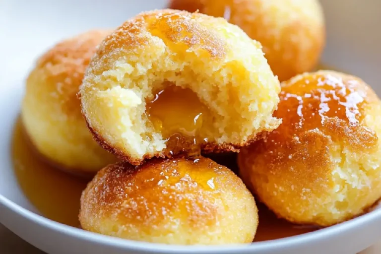 Honey Butter Cornbread Poppers 4 Golden honey butter cornbread poppers served on a plate with a drizzle of glaze