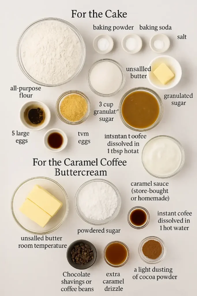 Irresistible Caramel Coffee Buttercream Cake 3 Ingredients for Irresistible Caramel Coffee Buttercream Cake, displayed with coffee, caramel, and butter.