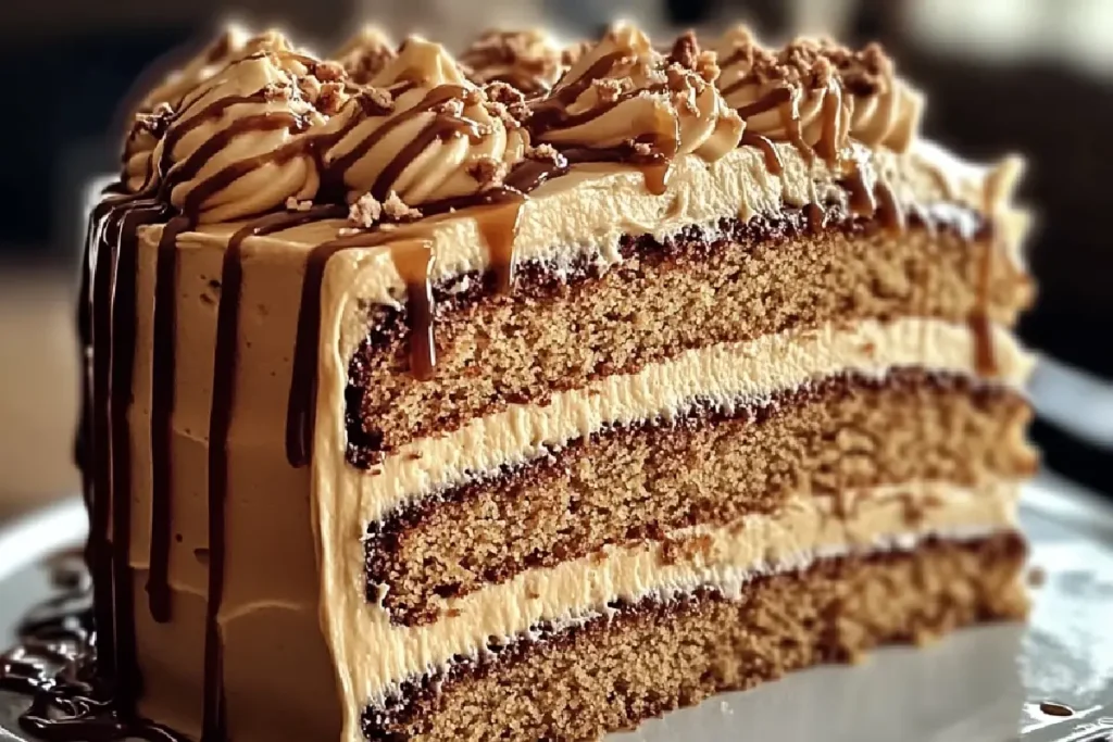 A layered caramel coffee buttercream cake topped with caramel drizzle and coffee beans.