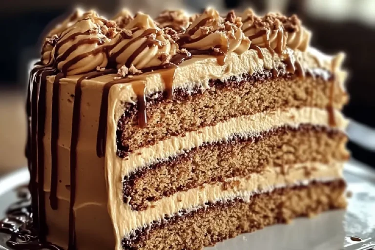 Irresistible Caramel Coffee Buttercream Cake 4 A layered caramel coffee buttercream cake topped with caramel drizzle and coffee beans.