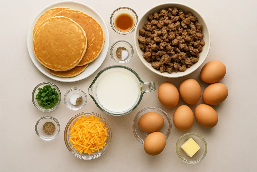 Sausage and Pancake Breakfast Casserole 3 Sausage and Pancake Casserole Ingredients Laid Out on Kitchen Counter